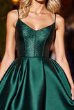 Dark Green Satin A Line Short Prom Dress