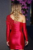 One Shoulder Satin Appliqued Cocktail Dress