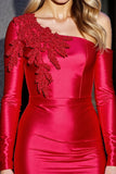 One Shoulder Satin Appliqued Cocktail Dress