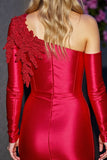 One Shoulder Satin Appliqued Cocktail Dress