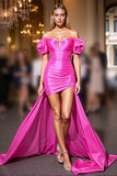 Off The Shoulder Fuchsia Ruched Cocktail Dress