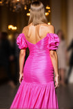 Off The Shoulder Fuchsia Ruched Cocktail Dress