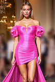Off The Shoulder Fuchsia Ruched Cocktail Dress