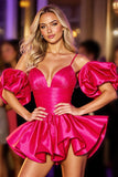 Fuchsia Ruched Short Prom Dress with Ruffles