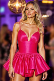 Fuchsia Ruched Short Prom Dress with Ruffles