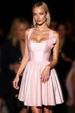 Pink Satin Floral A Line Short Cocktail Dress