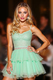 Sparkly Green Tiered Tulle Short Prom Dress with Ruffles