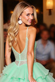 Sparkly Green Tiered Tulle Short Prom Dress with Ruffles
