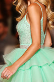 Sparkly Green Tiered Tulle Short Prom Dress with Ruffles