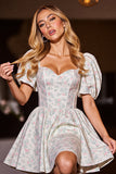 White Corset Floral Short Prom Dress with Sleeves