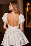 White Corset Floral Short Prom Dress with Sleeves