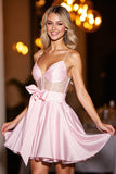 Pink Corset Satin Short Prom Dress with Bow