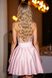 Pink Corset Satin Short Prom Dress with Bow