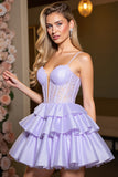 Lavender A Line Corset Satin Short Prom Dress with Appliques