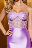 Lilac Sparkly Corset Bodycon Strapless Satin Cocktail Dress