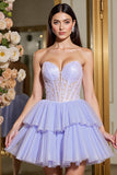 A Line Tulle Lavender Strapless Corset Short Prom Dress
