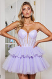 Corset Strapless A Line Tulle Lavender Short Prom Dress
