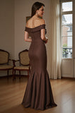 Brown Off The Shoulder Mermaid Satin Formal Dress With Draped Bow
