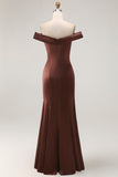 Brown Off The Shoulder Mermaid Satin Formal Dress With Draped Bow