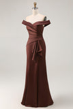 Brown Off The Shoulder Mermaid Satin Formal Dress With Draped Bow