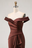 Brown Off The Shoulder Mermaid Satin Formal Dress With Draped Bow