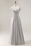 Silver A Line V Neck Ruched Mother Of The Bride Dress