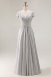 Silver V Neck Ruched A Line Mother Of The Bride Dress