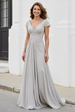 Silver V Neck Ruched A Line Mother Of The Bride Dress