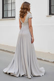 Silver V Neck Ruched A Line Mother Of The Bride Dress