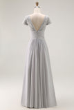 Silver V Neck Ruched A Line Mother Of The Bride Dress
