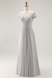 Silver V Neck Ruched A Line Mother Of The Bride Dress
