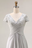 Silver V Neck Ruched A Line Mother Of The Bride Dress