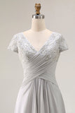 Silver A Line V Neck Ruched Mother Of The Bride Dress