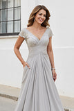 Silver V Neck Ruched A Line Mother Of The Bride Dress