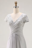 Silver V Neck Ruched A Line Mother Of The Bride Dress
