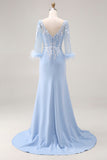 Sky Blue Apppliques V Neck Mermaid Mother Of The Bride Dress with Sleeves
