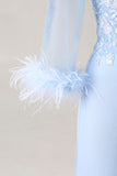 Sky Blue Apppliques V Neck Mermaid Mother Of The Bride Dress with Sleeves