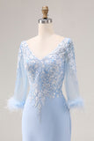 Sky Blue Apppliques V Neck Mermaid Mother Of The Bride Dress with Sleeves