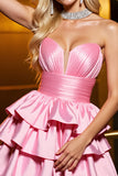 Candy Pink Metallic Satin A Line Cocktail Dress with Ruffles