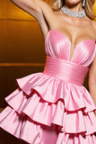 Candy Pink Metallic Satin A Line Cocktail Dress with Ruffles