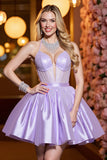 Corset A Line Lilac Ruched Short Prom Dress with Beading
