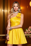 One Shoulder 3D Flower Yellow A Line Ruched Short Prom Dress