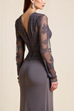 Long Sleeve Steel Grey Beaded Mother Of The Bride Dress