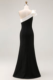 One Shoulder Mermaid Black Satin Long Formal Dress