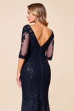 Sparkly Navy Mermaid Chiffon Long Mother of the Bride Dress with Lace