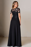 Black Sheath Satin Appliqued Long Mother of the Bride Dress with Sleeves