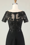 Black Sheath Satin Appliqued Long Mother of the Bride Dress with Sleeves