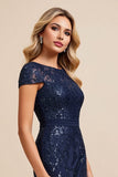 Navy Mermaid Satin Long Mother Of The Bride Dress With Slit