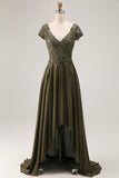 Olive Satin Asymmetrical High Low Mother of the Bride Dress