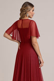 Glitter Burgundy A Line Bridesmaid Dress with Short Sleeves